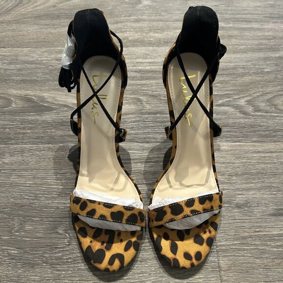 NEW Lulus Size 10 Aimee Suede Leopard Lace Up Heels Black Animal Print Strappy - Picture 4 of 9
